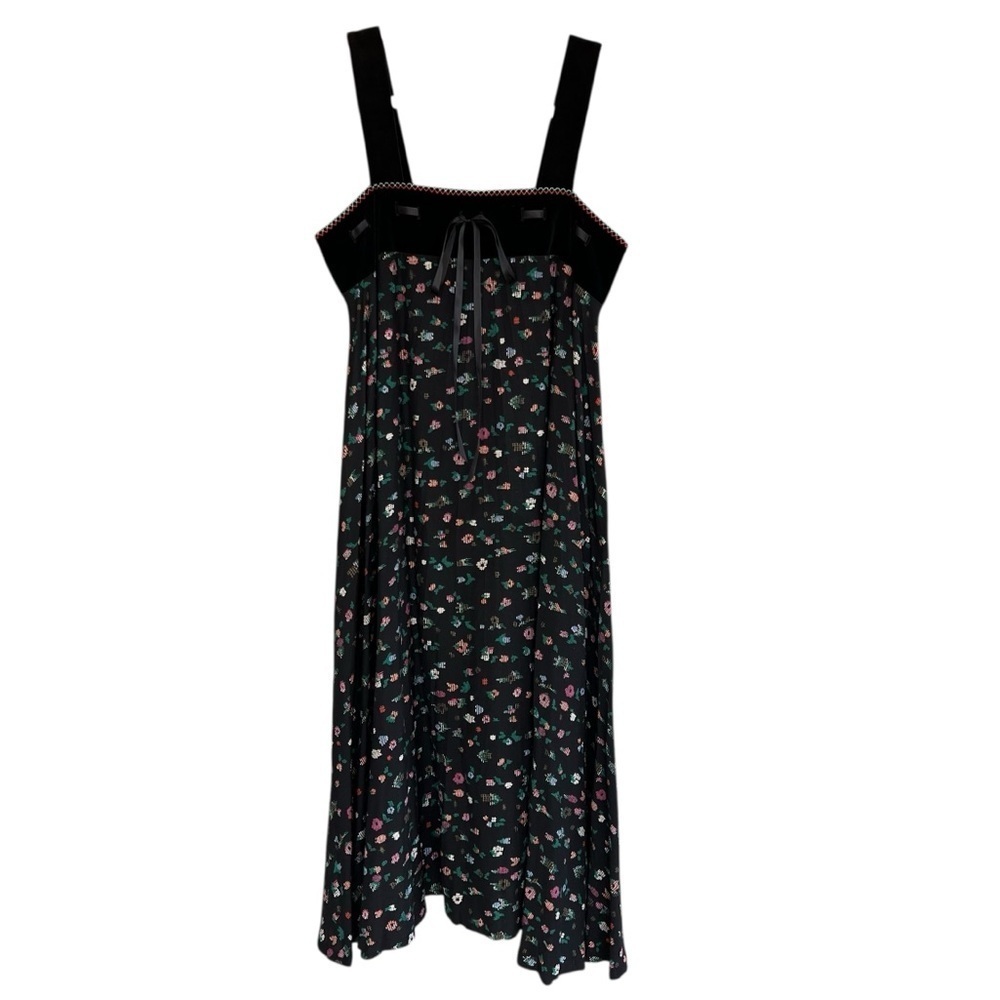 Vintage Velvet Trim Bow Front Floral Midi Dress Black Multi Cottagecore Feminine